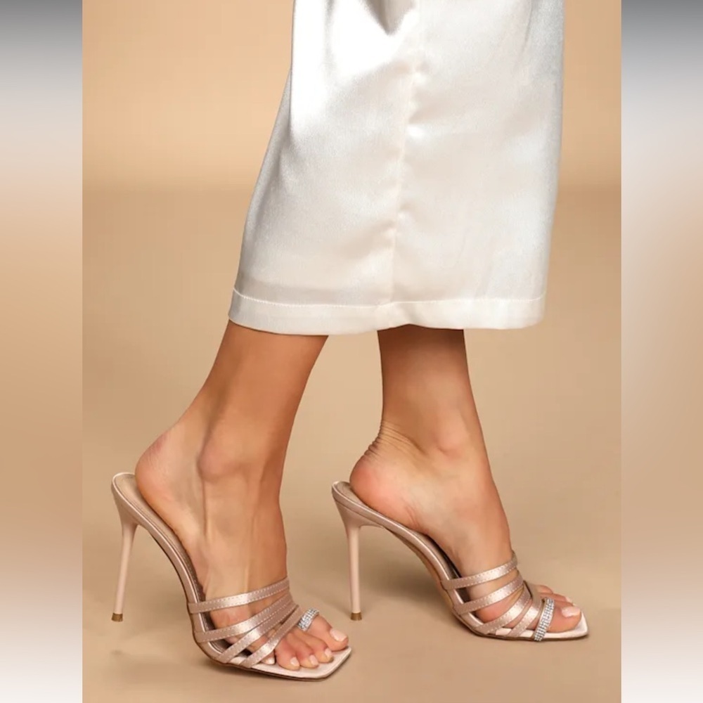 NIB Lulus Juen Light Nude Satin Rhinestone High Heel Slide Sandal -Size 11